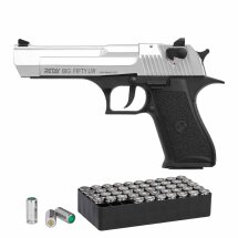 SET Retay Big Fifty LW Chrome-Finish Schreckschuss Pistole 9 mm P.A.K. (P18) + 50 Platzpatronen 9 mm P.A.K.