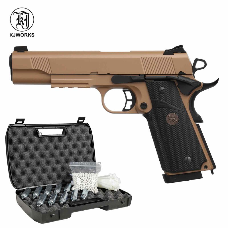 Komplettset KJ Works KP-07 M1911 MEU Vollmetall Softair-Co2-Pistole Desert Kaliber 6 mm BB Blowback (P18)