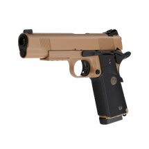 Komplettset KJ Works KP-07 M1911 MEU Vollmetall Softair-Co2-Pistole Desert Kaliber 6 mm BB Blowback (P18)