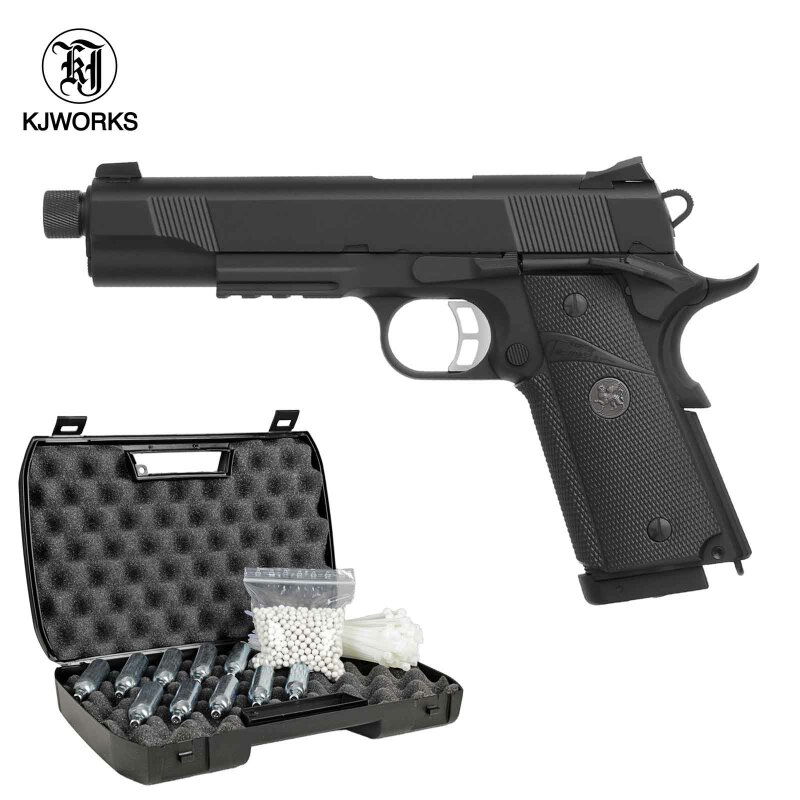 Komplettset KJ Works M1911 MEU TBC Vollmetall Softair-Co2-Pistole Schwarz Kaliber 6 mm BB Blowback (P18)