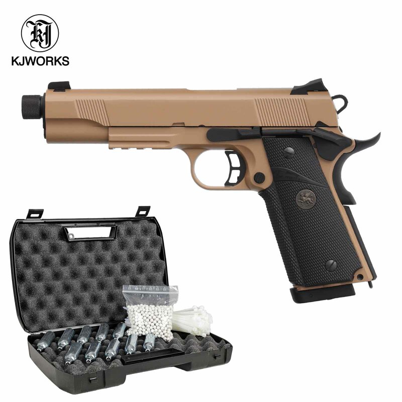 Komplettset KJ Works M1911 MEU TBC Vollmetall Softair-Co2-Pistole Tan Kaliber 6 mm BB Blowback (P18)