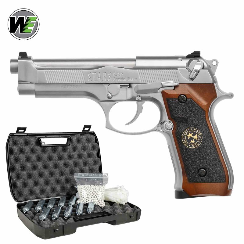 Komplettset WE M92 Samurai Edge Biohazard Vollmetall Softair-Co2-Pistole Silber Kaliber 6 mm BB Blowback (P18)