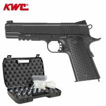 Komplettset KWC M1911 Tactical Vollmetall Softair-Co2-Pistole Schwarz Kaliber 6 mm BB Blowback (P18)