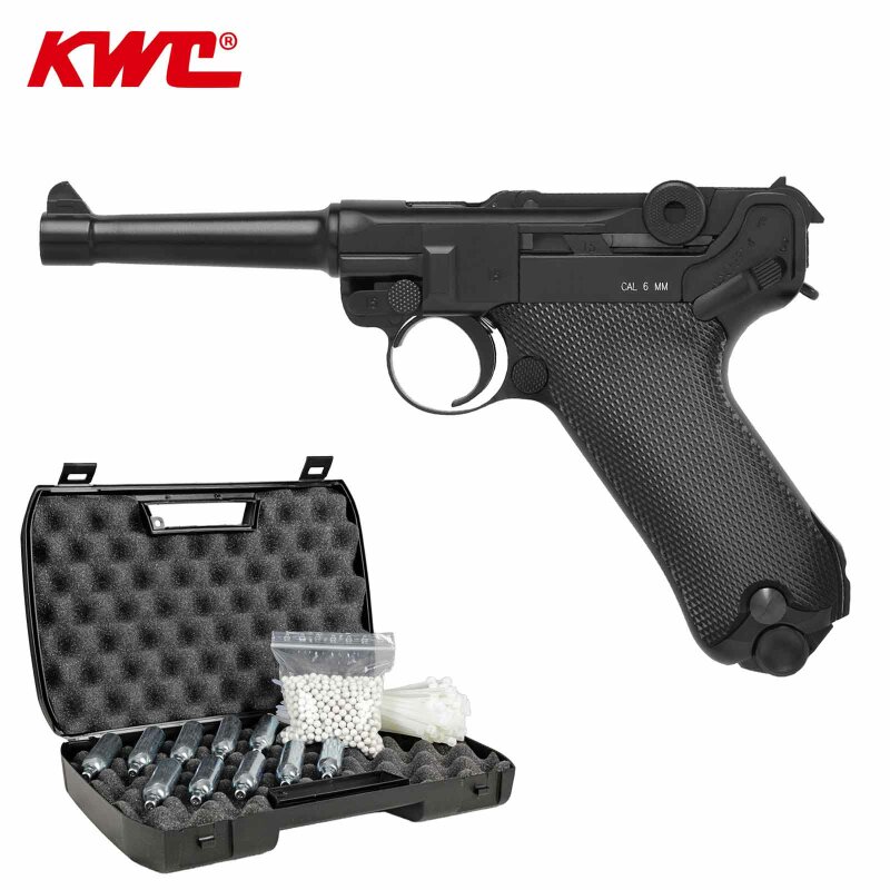 Komplettset KWC P08 Vollmetall Softair-Co2-Pistole Schwarz Kaliber 6 mm BB Blowback (P18)