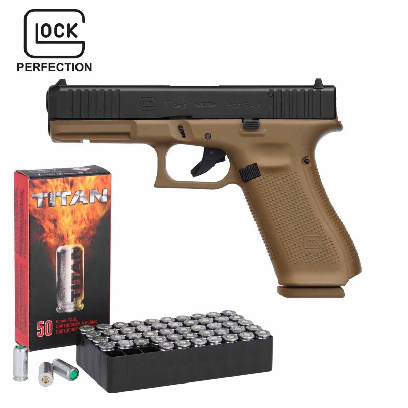 SET Glock 17 Gen5 Schreckschuss Pistole Coyote 9 mm P.A.K. (P18) + 50 Platzpatronen 9 mm P.A.K.