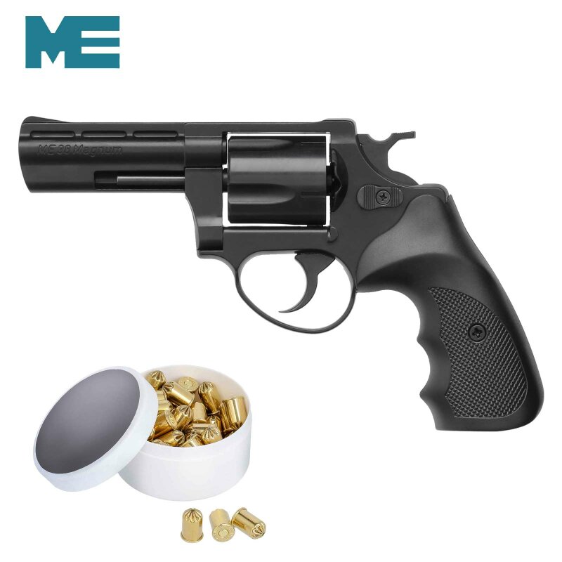 SET ME 38 Magnum brüniert Schreckschuss Revolver 9 mm R.K. (P18) + 50 Platzpatronen 9 mm R.K.