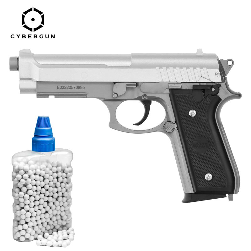 SET Cybergun PT92  H.P.A. Federdruck Softair-Pistole 6 mm BB Silber (P14) + 800 BBs