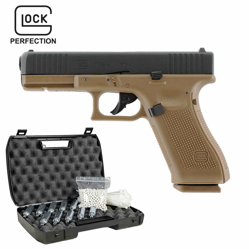 Komplettset Glock 17 GEN5 Coyote Softair-Co2-Pistole Kaliber 6 mm BB Blowback (P18)