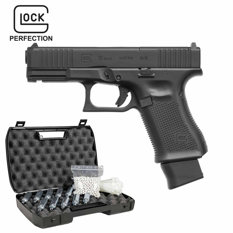 Komplettset Glock 19 Gen5 MOS Softair-Co2-Pistole Schwarz Kaliber 6 mm BB (P18)