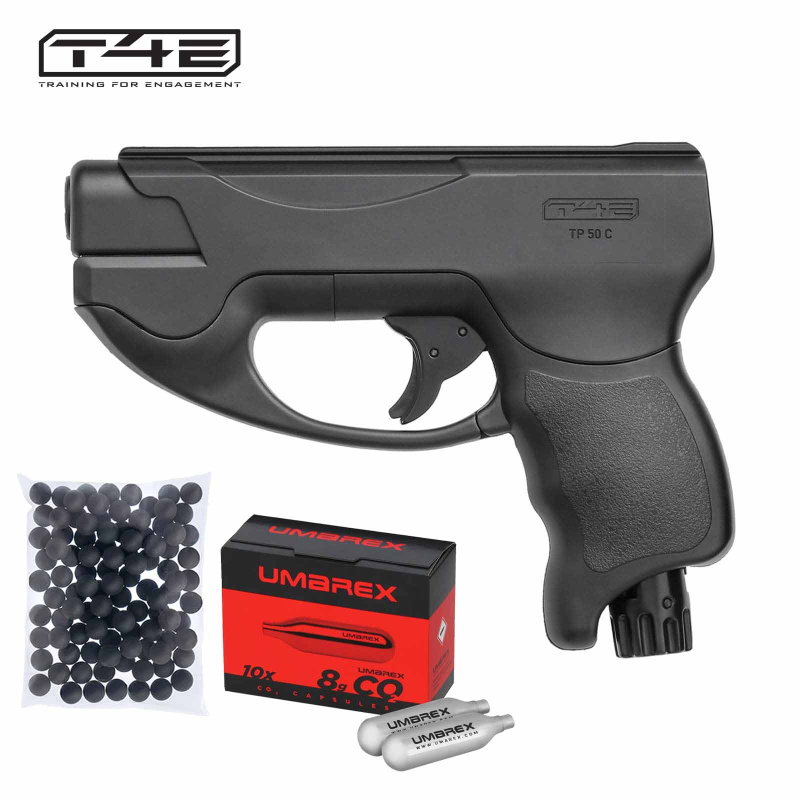 T4E TP 50 Compact Co2-Pistole cal .50 Defense Training Marker (P18) + Co2 Kapseln + 100 Rubberballs