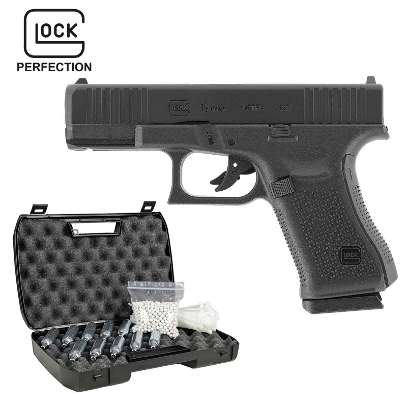 Komplettset Glock 19 Gen5 Softair-Co2-Pistole Schwarz Kaliber 6 mm BB (P18)
