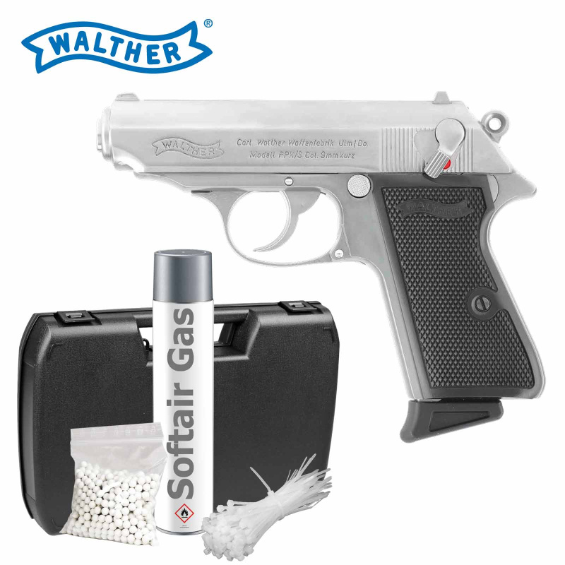 Komplettset Walther PPK/S Softair-Pistole Silber Kaliber 6 mm BB Gas Blowback (P18)