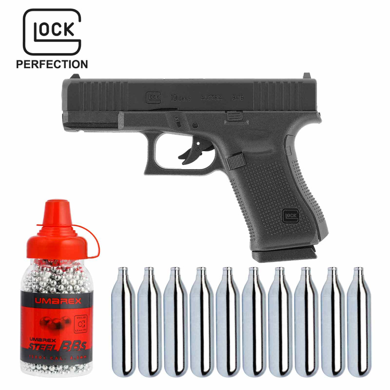 SET Umarex Glock 19 Gen5 Schwarz Co2-Pistole Kaliber 4,5 mm Stahl BB (P18)