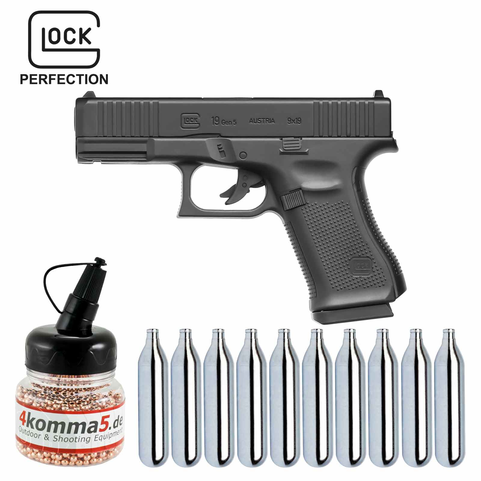 SET Umarex Glock 19 Gen5 Schwarz Co2-Pistole Kaliber 4,5 mm Stahl BB (P18)