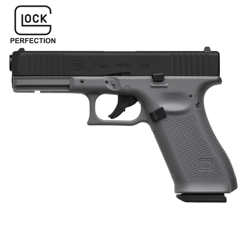 Modell II. Wahl - Glock 17 GEN5 Tungsten Gray Softair-Co2-Pistole Kaliber 6 mm BB Blowback (P18)