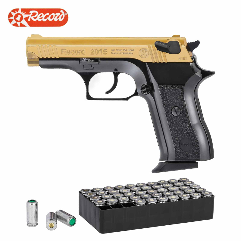 SET Record Modell 2015 Schreckschuss Pistole Bicolor - gold / brüniert 9 mm P.A.K. (P18) + 50 Platzpatronen 9 mm P.A.K.