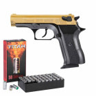 SET Record Modell 2015 Schreckschuss Pistole Bicolor - gold / brüniert 9 mm P.A.K. (P18) + 50 Platzpatronen 9 mm P.A.K.