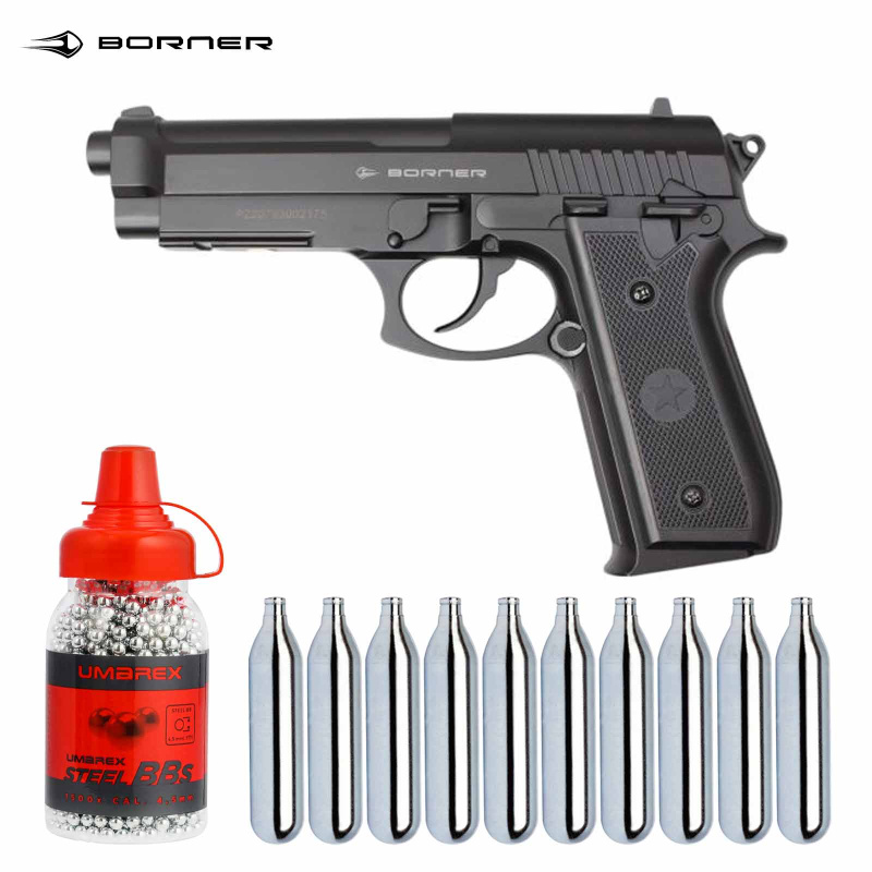 SET Borner 92M Co2 Pistole Vollmetall 4,5 mm BB (P18)
