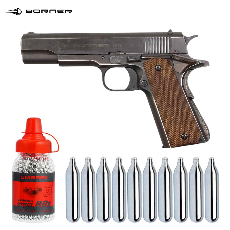 SET Borner 1911 Co2 Pistole Vollmetall Blowback 4,5 mm BB (P18)
