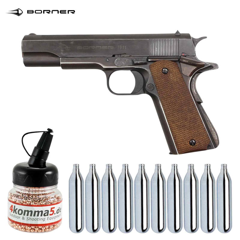 SET Borner 1911 Co2 Pistole Vollmetall Blowback 4,5 mm BB (P18)