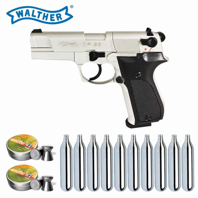 Luftpistolenset Walther CP88 4 Zoll 4,5 mm Diabolo Nickel (P18) Co2-Pistole
