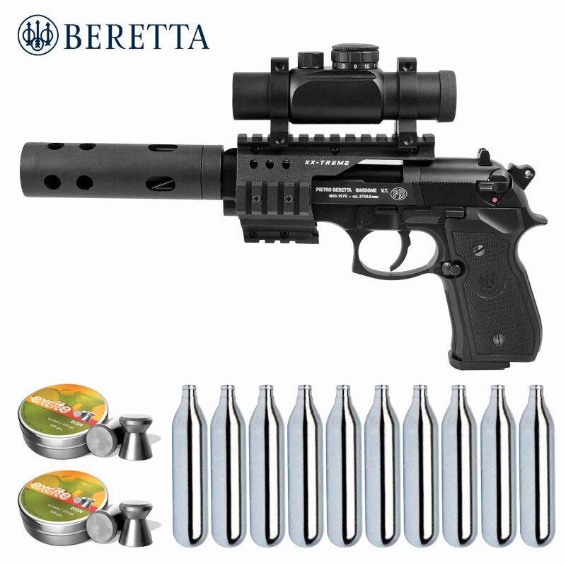 Luftpistolenset Beretta 92 FS XX-Treme 4,5 mm Diabolo brüniert Co2-Pistole (P18)