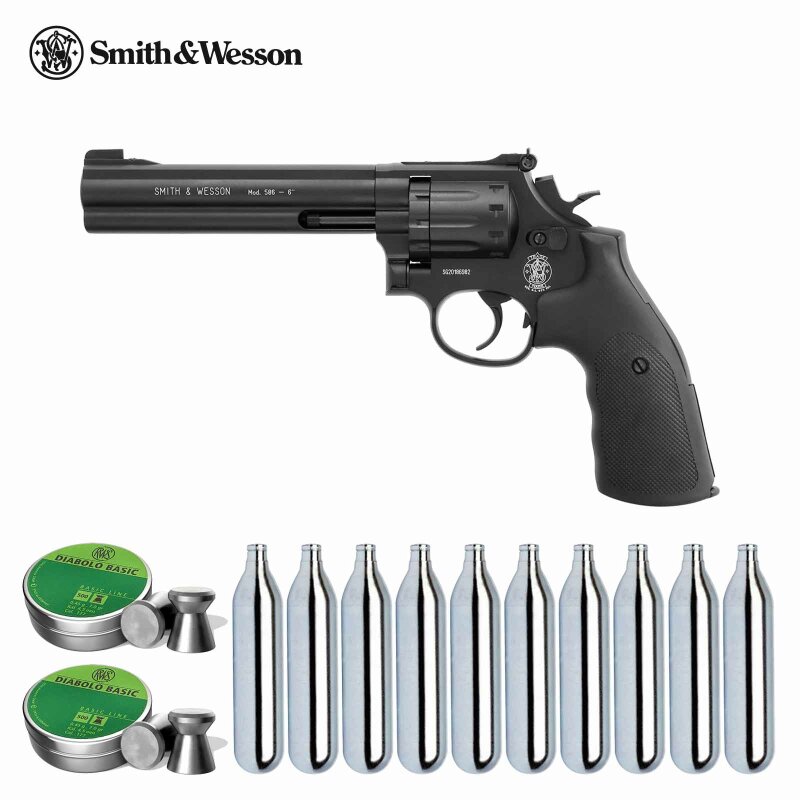 Co2 Revolver Set: Smith & Wesson 586 - 6 Zoll brüniert 4,5 mm Diabolo (P18)