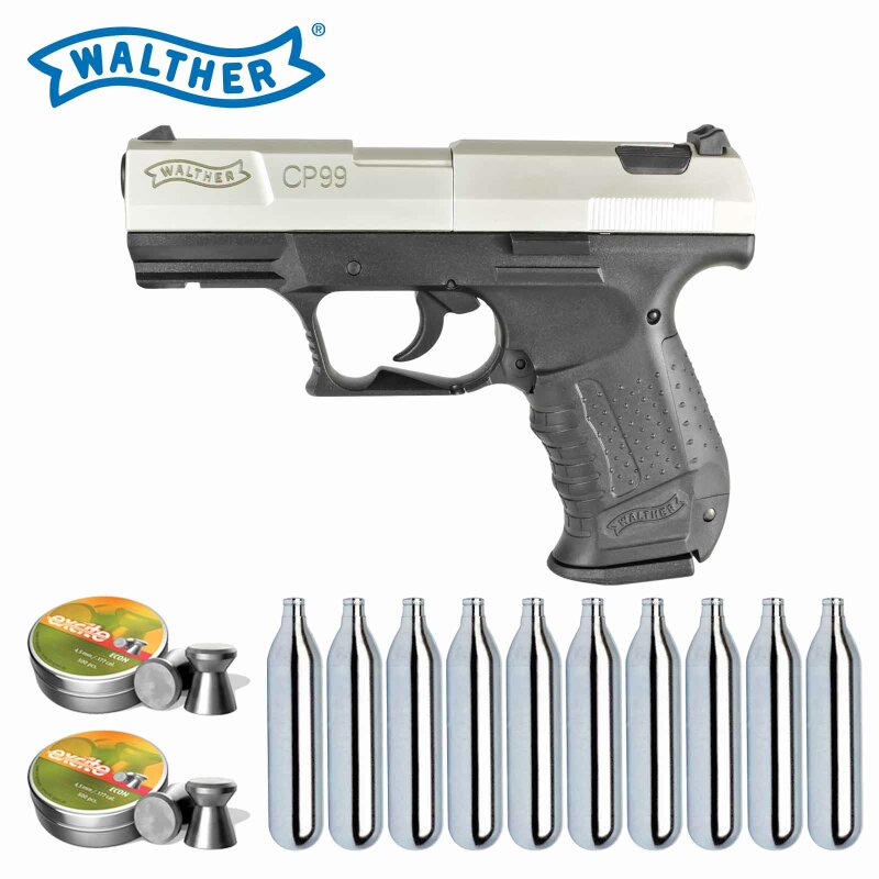 Luftpistolenset Walther CP99 nickel 4,5 mm Diabolo CO2-Pistole (P18) 