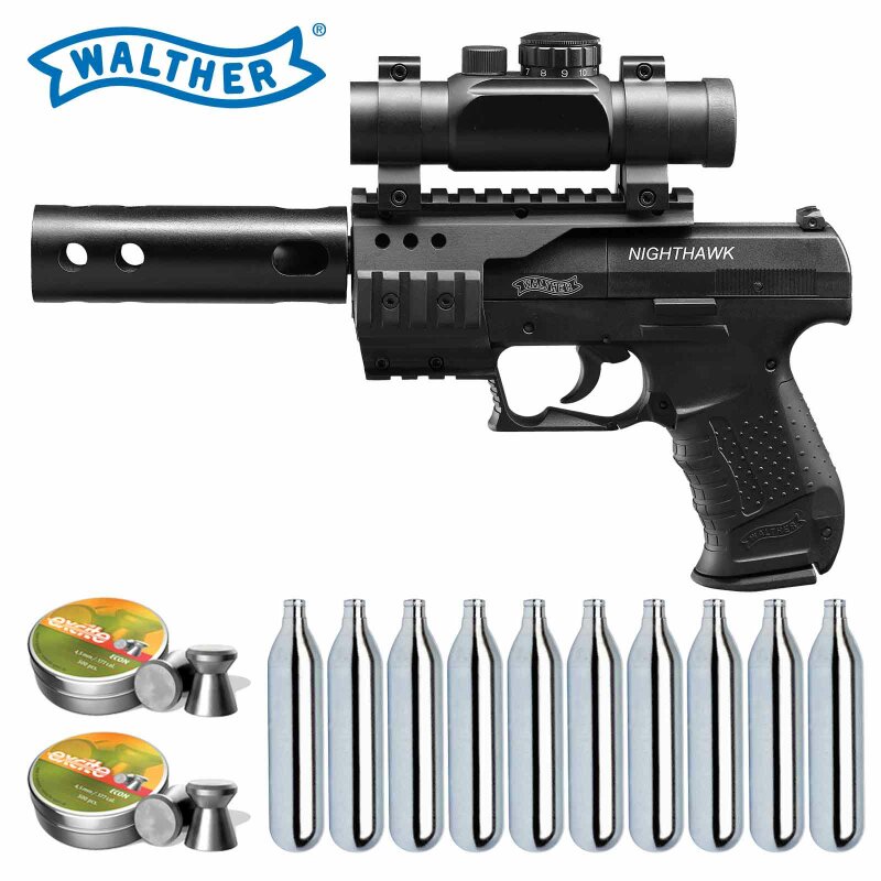 Luftpistolenset Walther Nighthawk 4,5 mm Diabolo Griffstück Schwarz (P18) Co2-Pistole