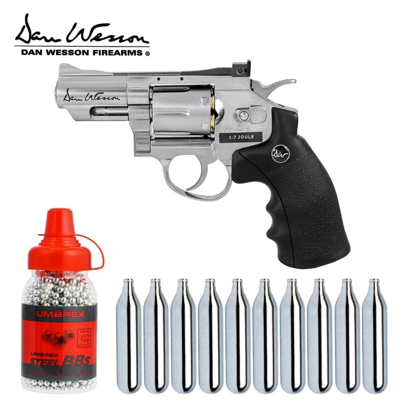 Co2 Revolver Set: Dan Wesson 2,5" Kaliber 4,5 mm Stahl BB Co2 Silber (P18)