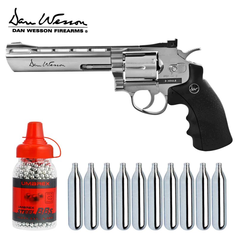 Co2 Revolver Set: Dan Wesson 6" Kaliber 4,5 mm Stahl BB Silber (P18)
