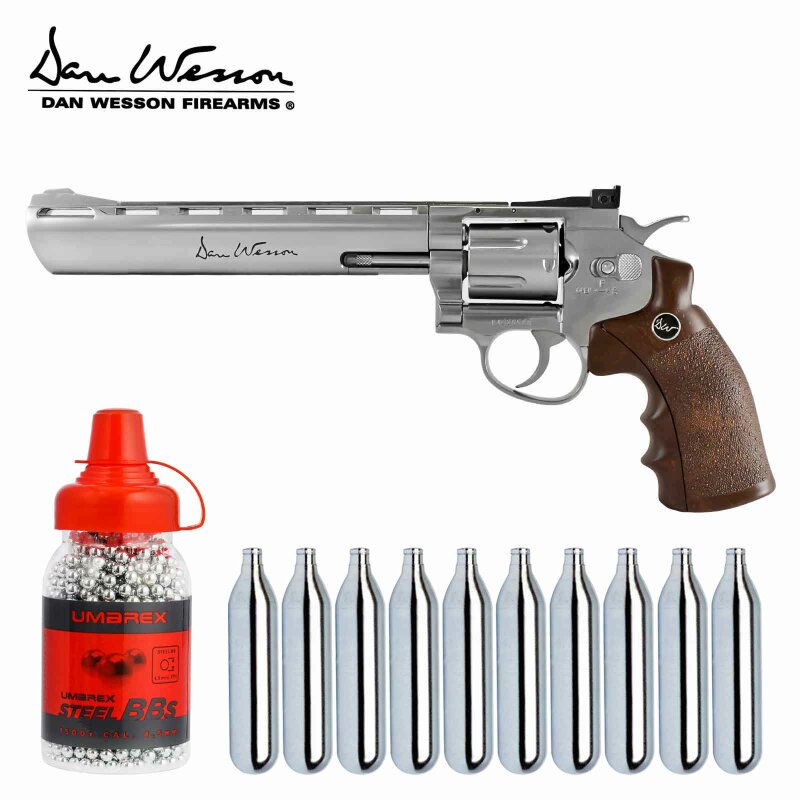 Co2 Revolver Set: Dan Wesson 8" 4,5 mm Stahl BB Silber (P18)