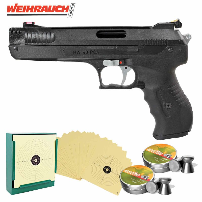 SET Luftpistolenset Weihrauch HW40 PCA 4,5 mm Diabolo (P18) Schwarz + 1000 Diabolos + 100 Scheiben + Kugelfang