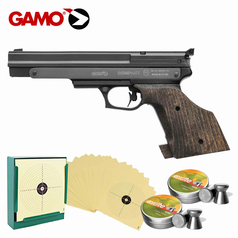 SET Luftpistolenset Gamo Compact Match 4,5 mm Diabolo (P18) + 1000 Diabolos + 100 Scheiben + Kugelfang