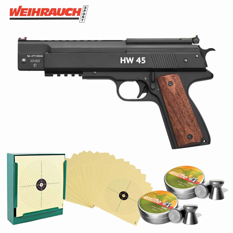 SET Luftpistolenset Weihrauch HW45 brüniert 4,5 mm Fiberoptik (P18) + 1000 Diabolos + 100 Scheiben + Kugelfang