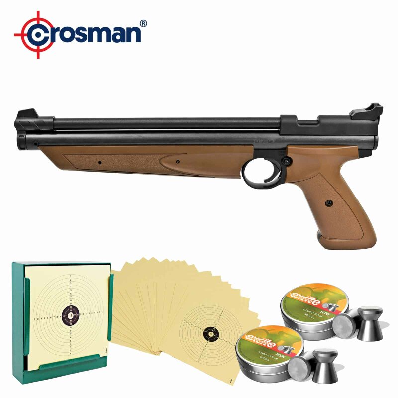Crosman Luftpistole 1377 Brown mit vorkomprimierter Luft 4,5 mm Diabolo (P18) + 1000 Diabolos + 100 Scheiben + Kugelfang
