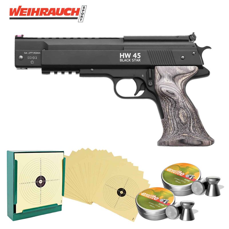 SET Luftpistolenset Weihrauch HW45 Black Star 4,5 mm Diabolo (P18) + 1000 Diabolos + 100 Scheiben + Kugelfang