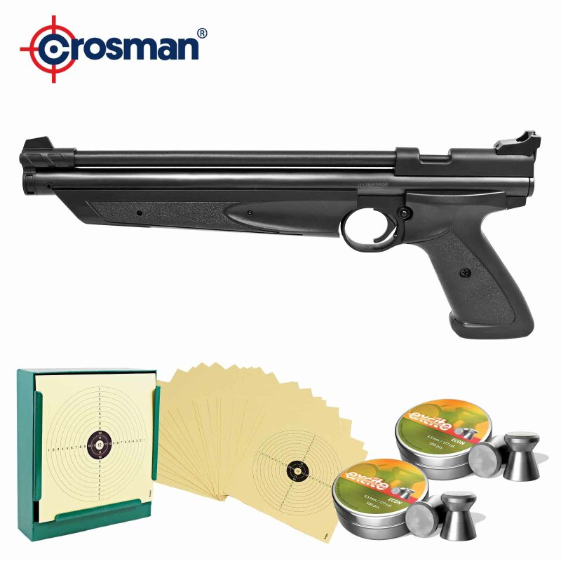 SET Crosman Luftpistolenset 1377 Black mit vorkomprimierter Luft 4,5 mm Diabolo (P18) + 1000 Diabolos + 100 Scheiben + Kugelfang