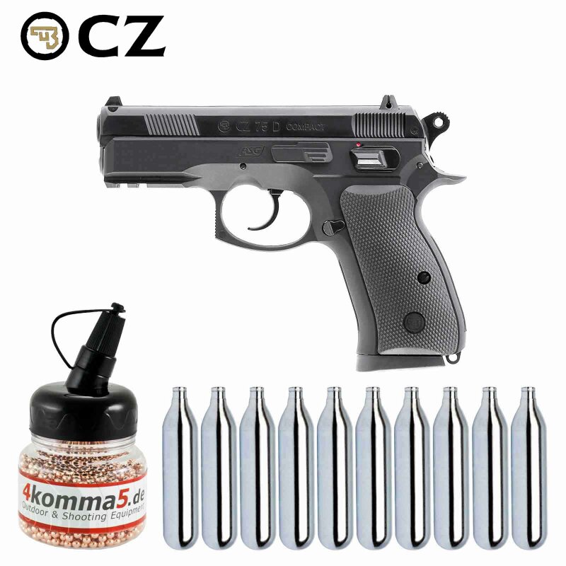 Luftpistolenset CZ75D Compact 4,5 mm Stahl BB Black Co2-Pistole Non Blow (P18) + 10 Co2-Kapseln + 1500 Stahl-BBs 4komma5