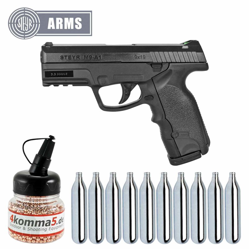 Luftpistolenset Steyr M9A1 4,5 mm Stahl BB Co2-Pistole Non Blow Back (P18) + 10 Co2-Kapseln + 1500 Stahl-BBs 4komma5