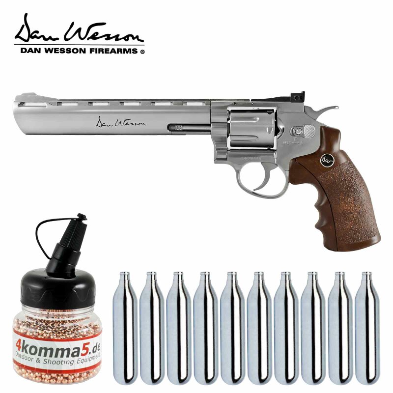 Co2 Revolver Set: Dan Wesson 8" 4,5 mm Stahl BB Silber (P18) + 10 Co2-Kapseln + 1500 Stahl-BBs 4komma5