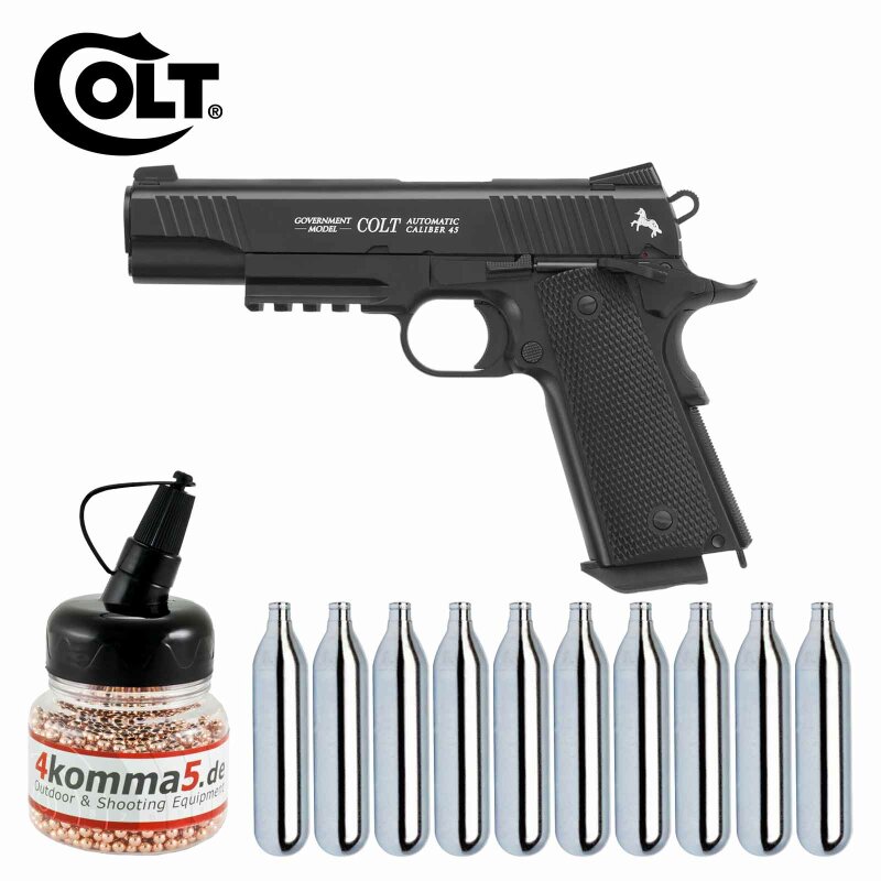 Luftpistolenset Colt Government M45 CQBP 4,5 mm Stahl-BB Blow Back Co2-Pistole (P18) + 10 Co2-Kapseln + 1500 Stahl-BBs 4komma5