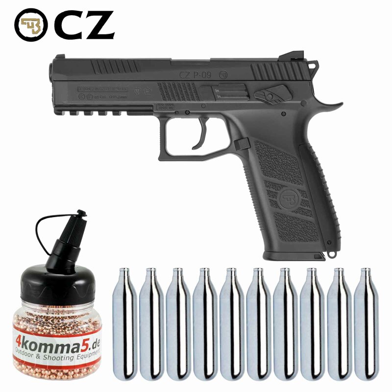 Kompettset CZ P-09 Duty 4,5 mm Diabolo/Stahl BB Co2-Pistole Blow Back (P18) + 10 Co2-Kapseln + 1500 Stahl-BBs 4komma5