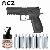 Kompettset CZ P-09 Duty 4,5 mm Diabolo/Stahl BB Co2-Pistole Blow Back (P18) + 10 Co2-Kapseln + 1500 Stahl-BBs 4komma5